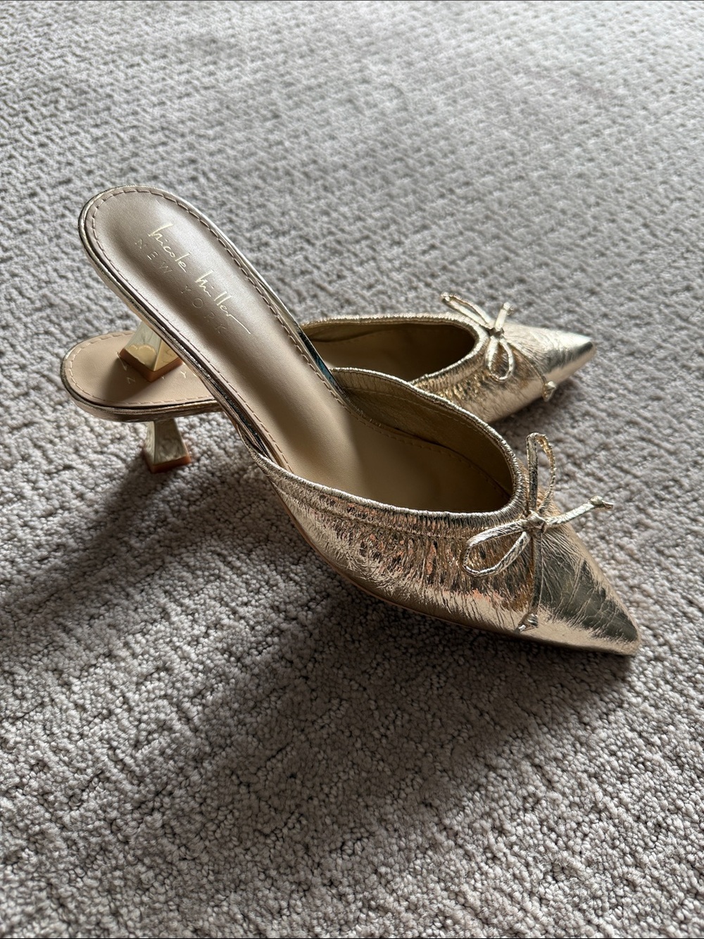 Nicole Miller Metallic Gold Pointed Toe Bow Mules